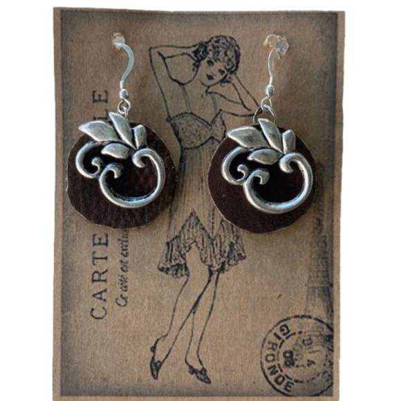 Handcrafted Earrings Dark Brown Leather Silver Colored Metal Findings Unique OS - Picture 1 of 3
